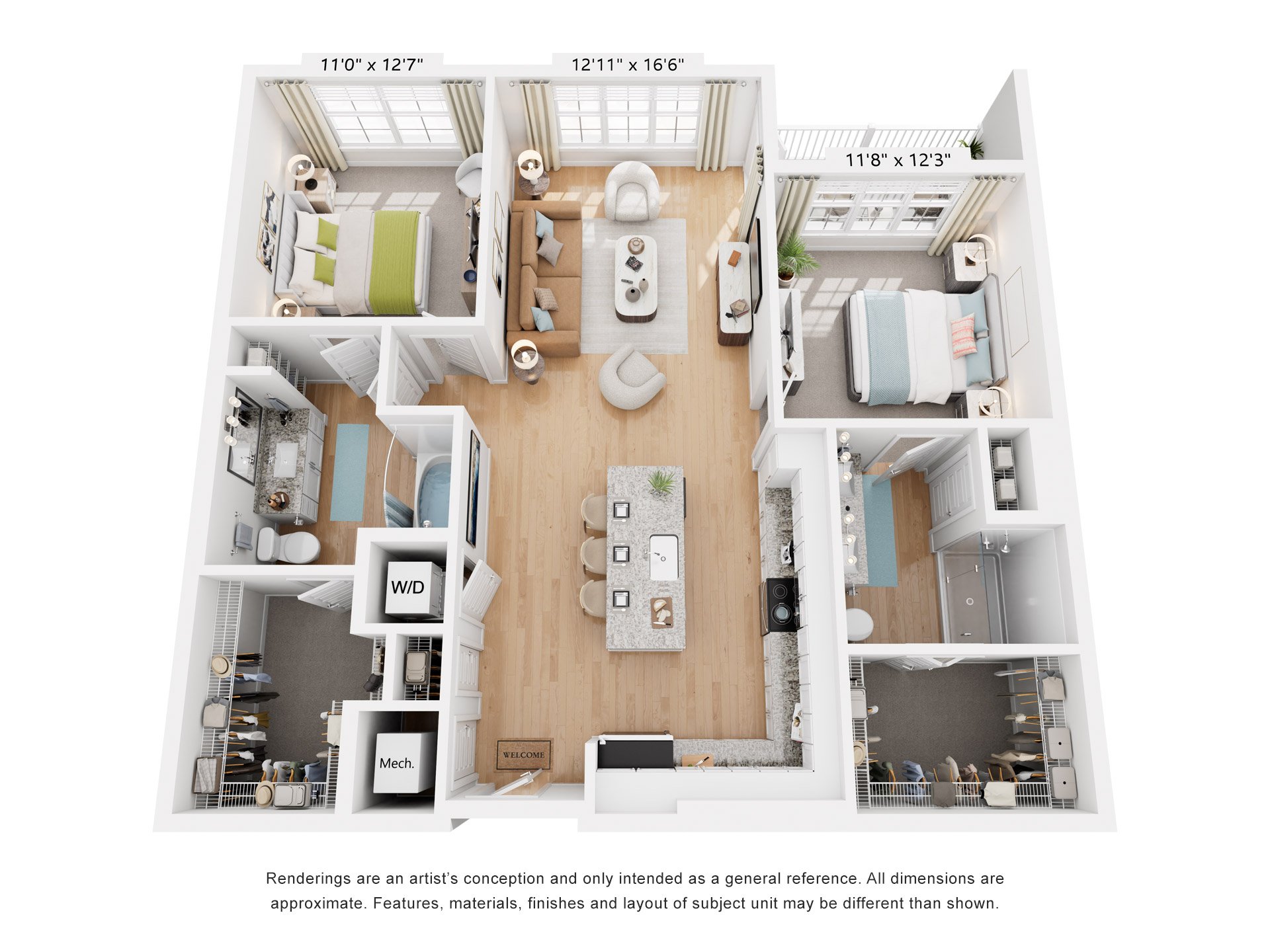 Floor plan for 2 beds, 2 baths, 1221 sqft